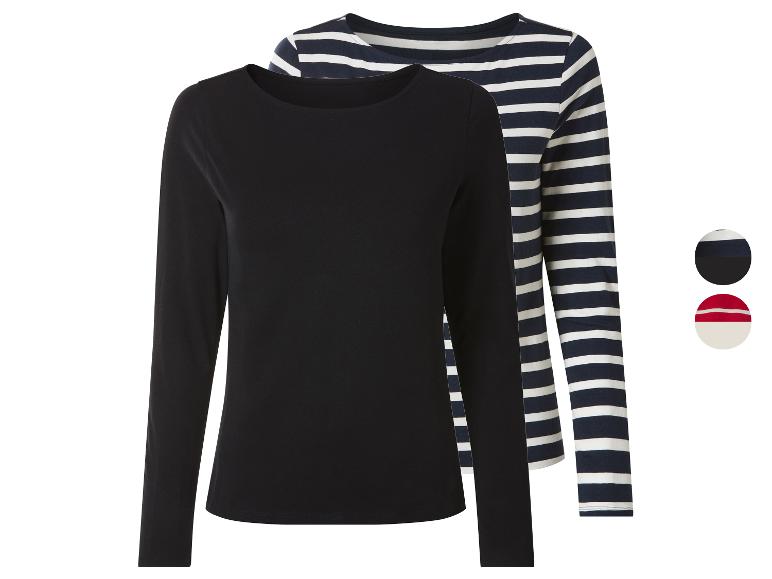 2er-Set Damen-Langarmshirts: einfarbig schwarz und blau-weiß gestreift.