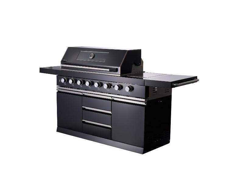 Schwarzer Gasgrill mit sechs Brennern, Seitenablagen und Unterschränken.