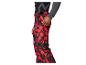 Rote und schwarze Skihose mit abstraktem Muster und Reißverschlusstasche.