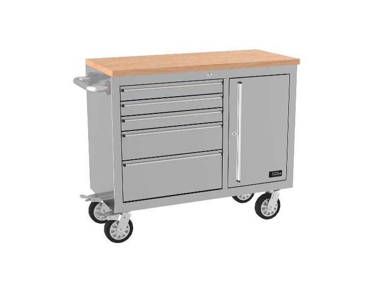 Edelstahl-Werkstattwagen mit Holzplatte, Schubladen und Schrank auf Rollen.