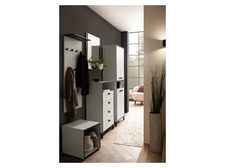 Moderner Flur mit grauen Schränken, Garderobe, Spiegel und Pflanzendeko.