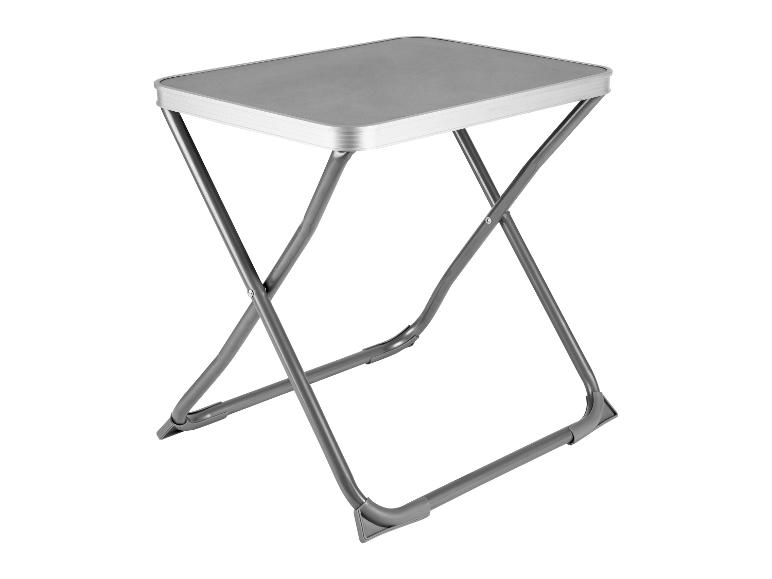 Grauer Klapptisch mit Metallgestell.