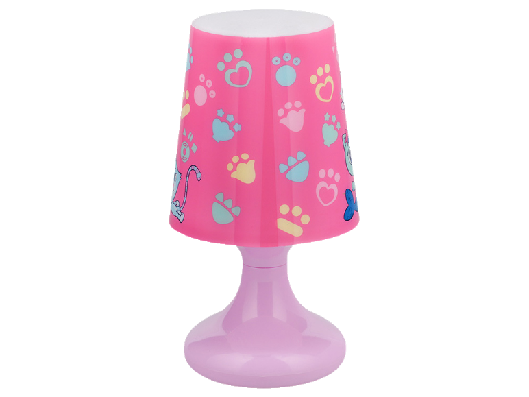 Rosa Tischlampe mit Pfotenabdrücken und Katzenmotiven.