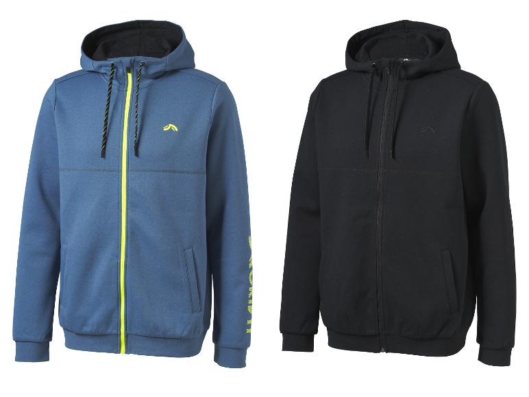Zwei Herren-Kapuzenjacken, eine blaue mit gelbem Reißverschluss, eine schwarze.