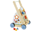 Hölzerner Lauflernwagen mit Aktivitätsboard, bunten Rädern und Formensortierer.