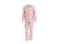 Rosa zweiteiliger Kinderpyjama mit bunten Cartoon-Motiven.