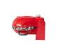 Roter tragbarer Grill mit Griffen und Metalldetails, auf weißem Hintergrund.