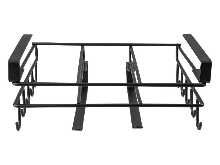 Schwarzes Metall-Küchenregal mit Haken.