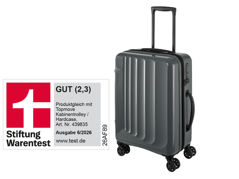 Grauer Kabinentrolley mit 'GUT (2,3)' Bewertung von Stiftung Warentest.