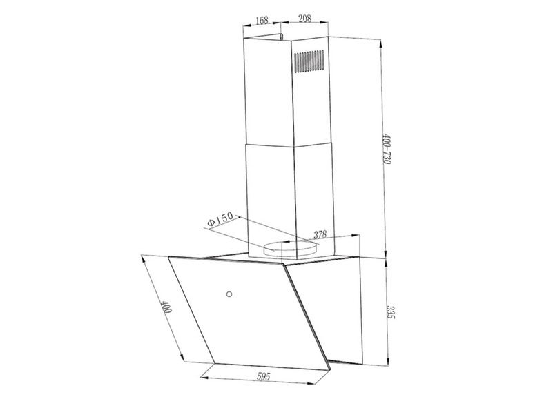 Technische Zeichnung einer Dunstabzugshaube mit den Maßen 595 x 335 mm