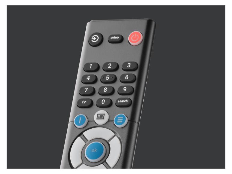 TV-Fernbedienung mit Zifferntasten, Ein-/Aus-Taste und Navigationstasten.
