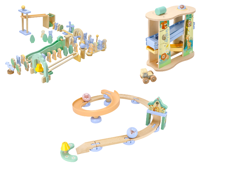 LUPILU® Holz-Kugelbahn: Drei verschiedene Kugelbahnen mit Tiermotiven und Naturthemen.