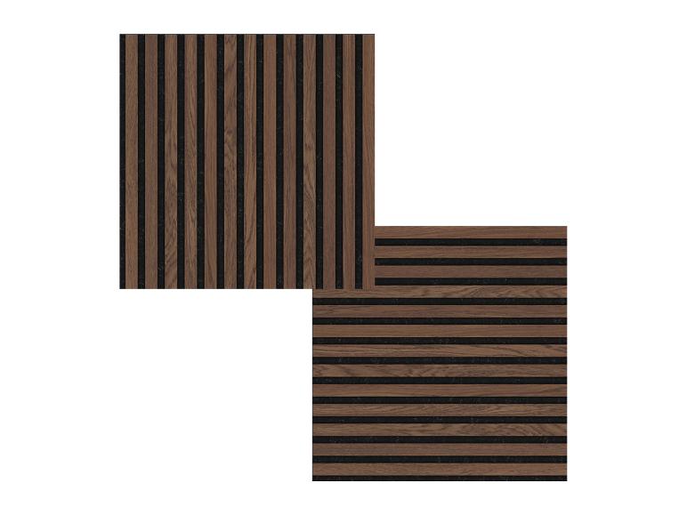 Zwei Paneele aus dunklen Holzlatten auf schwarzem strukturiertem Hintergrund, eines vertikal, eines horizontal.