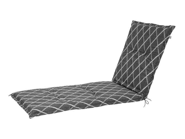 Graue Liegestuhl-Auflage mit geometrischem Muster.