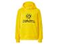 Gelber Kapuzenpullover mit schwarzem BVB 09 Logo und Borussia Dortmund Schriftzug.