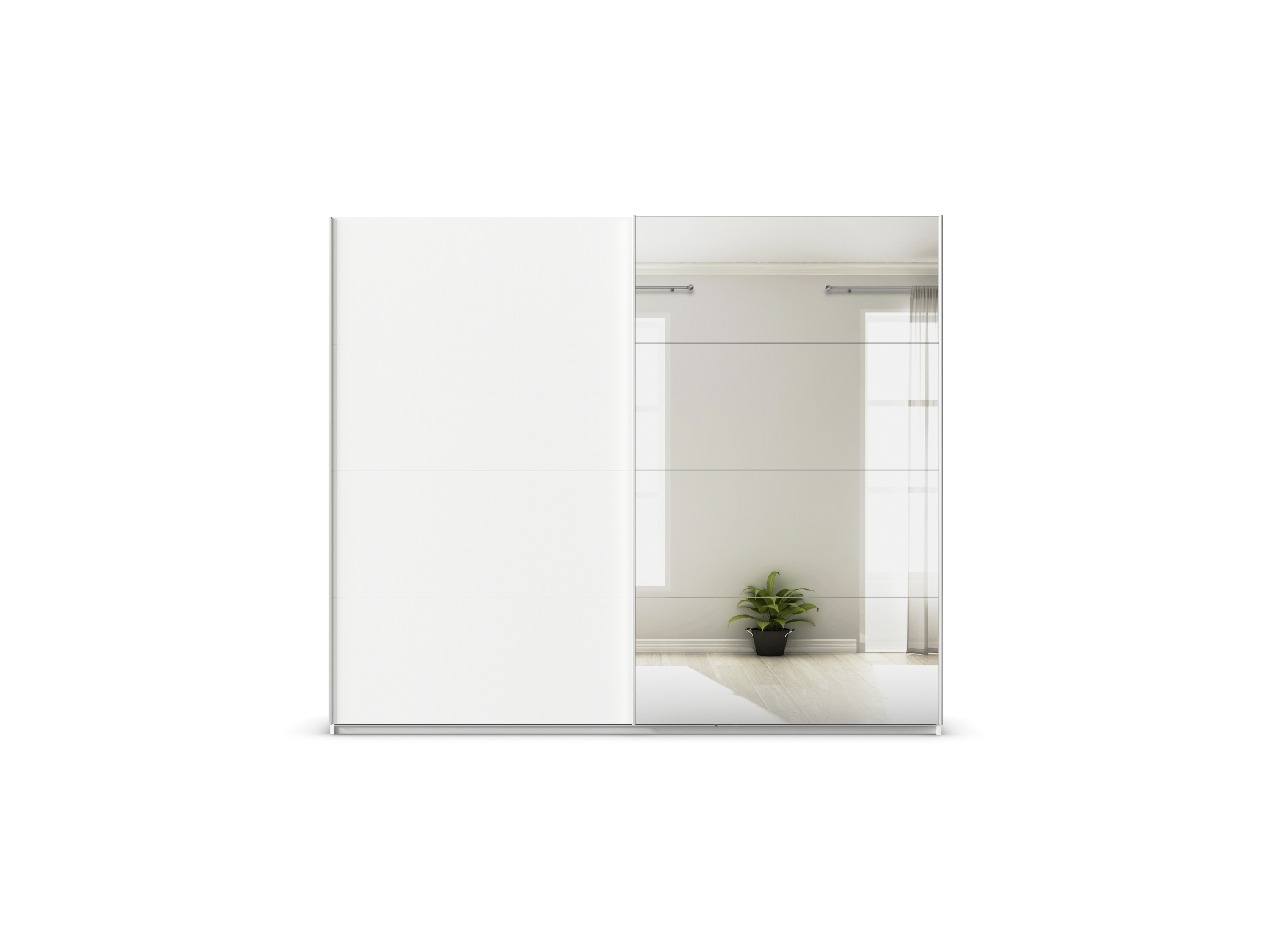 Thumbnail - rauch ORANGE Quadra Schwebetürenschrank mit Spiegelelementen (Premium-Zubehör, Korpus Weiß, 271 x 230 cm)