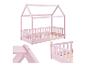 Rosa Kinderhausbett mit Lattenrost aus Holz, sichtbare Konstruktionsdetails.