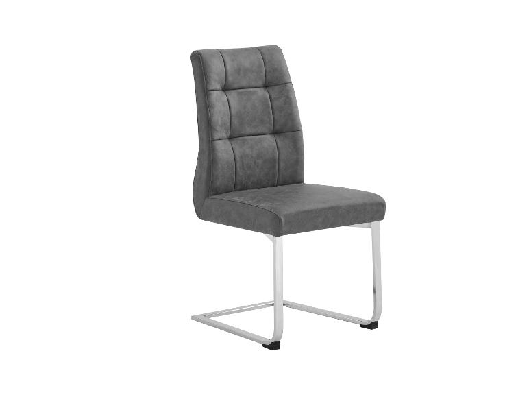 Grauer Esszimmerstuhl aus Stoff, Metallgestell.