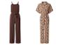 Zwei Damen-Jumpsuits: einer braun mit Spaghettiträgern, der andere braun gemustert mit kurzen Ärmeln.