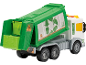 Grüner und weißer Spielzeug-Müllwagen mit Recyclingsymbolen und einer kleinen Mülltonne.