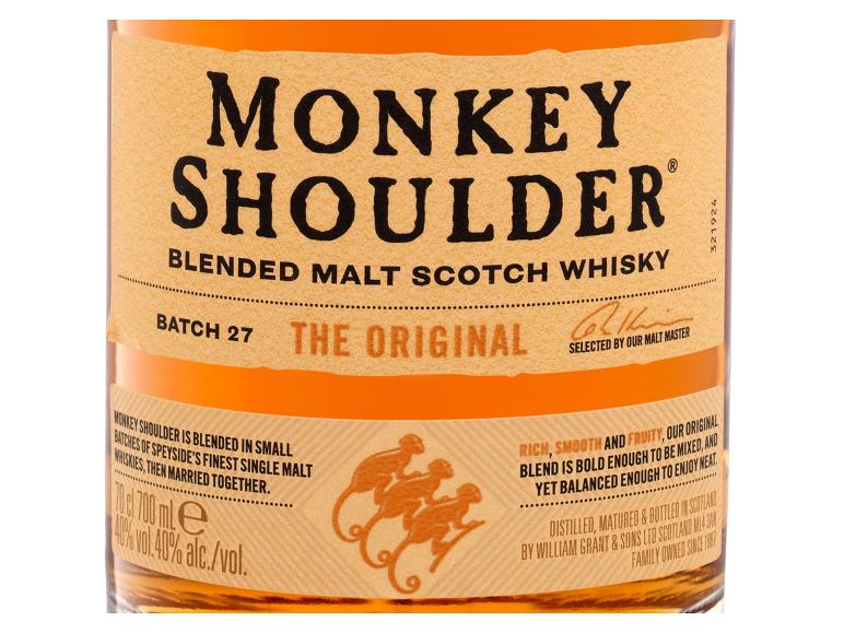 Whiskyflaschenetikett mit dem Text „Blended Malt Scotch Whisky The Original“ und drei Affen.