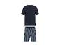 Herren-Pyjama mit marineblauem Kurzarm-T-Shirt und gestreiften Shorts.