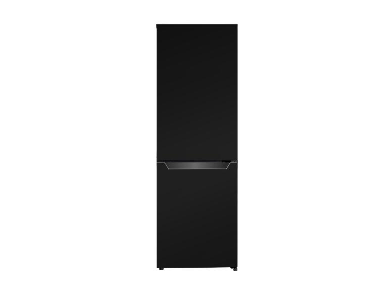 Ein hoher, schwarzer, zweitüriger Kühlschrank mit Gefrierfach unten.