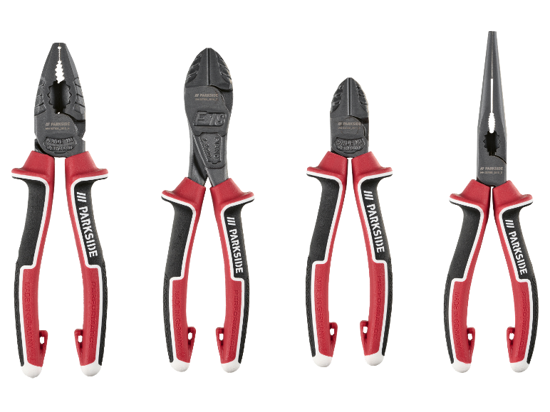 Vier Zangentypen: Kombizange, Seitenschneider, Flachzange und Spitzzange, alle mit rot-schwarzen Griffen.