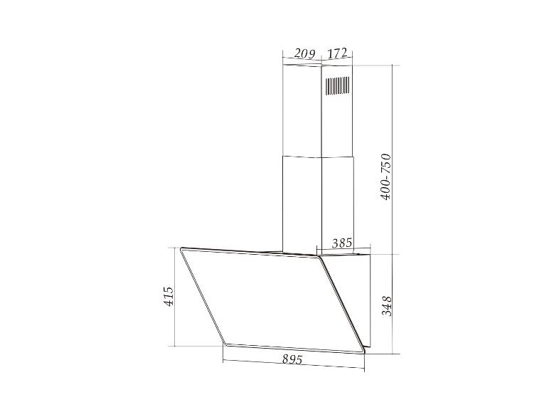 Technische Zeichnung einer Dunstabzugshaube mit Maßen 895x415 mm und verstellbarer Höhe 400-750 mm.