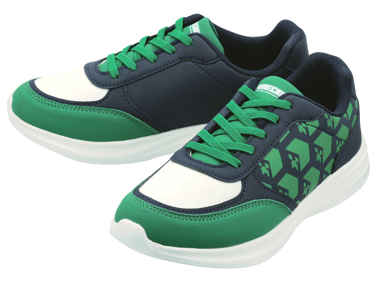 Minecraft Kinderschuhe, grün und dunkelblau.