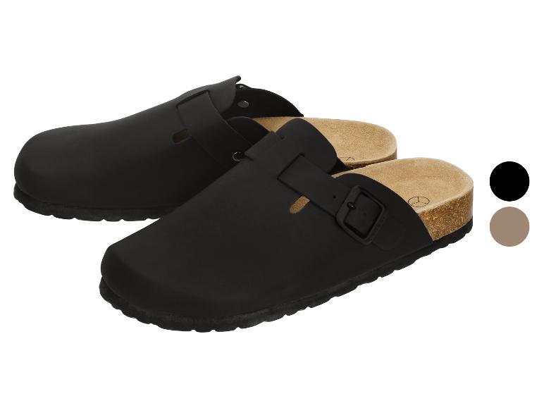 Schwarze Clogs mit verstellbaren Schnallen und Korkfußbett, dargestellt mit Farbmustern.