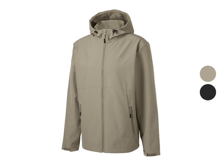 Herren Softshelljacke mit Kapuze in Beige, mit schwarzen und beigen Farboptionen.