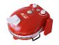 Roter Pizzaofen mit Thermometer und Timer, mit dem Slogan „Makes good things taste better!“.