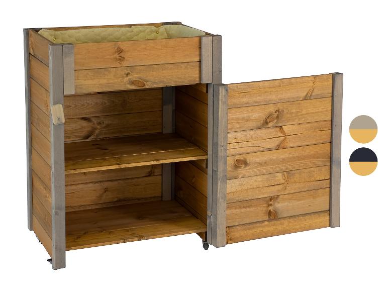 Holz-Hochbeet mit Ablagefächern und Tür, auf Rollen.