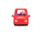Rotes Spielzeugauto mit einer Schweinefigur am Steuer, isoliert auf weißem Hintergrund.