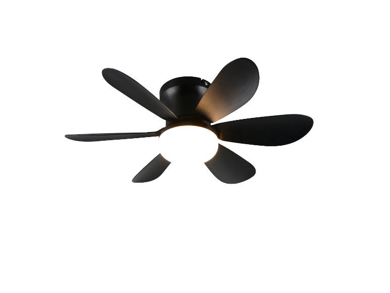Schwarzer Deckenventilator mit sechs Flügeln und zentraler Beleuchtung
