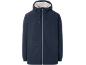 Dunkelblaue Herrenjacke mit Kapuze und hellem Teddyfutter.