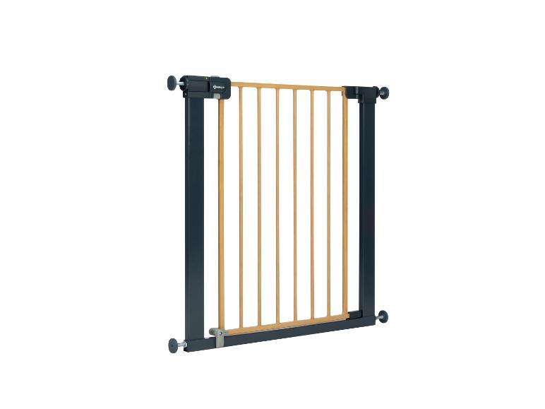 Kinderschutzgitter mit Holzstäben und Metallrahmen.