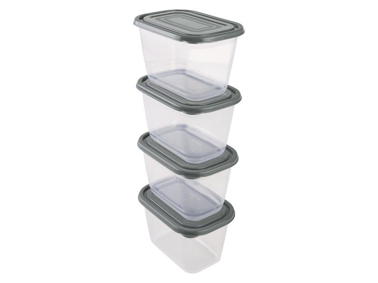 Stapelbare, transparente Vorratsdosen mit grauen Deckeln.