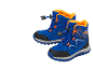 Blau-orange Kinder-Winterstiefel auf schwarzem Hintergrund.