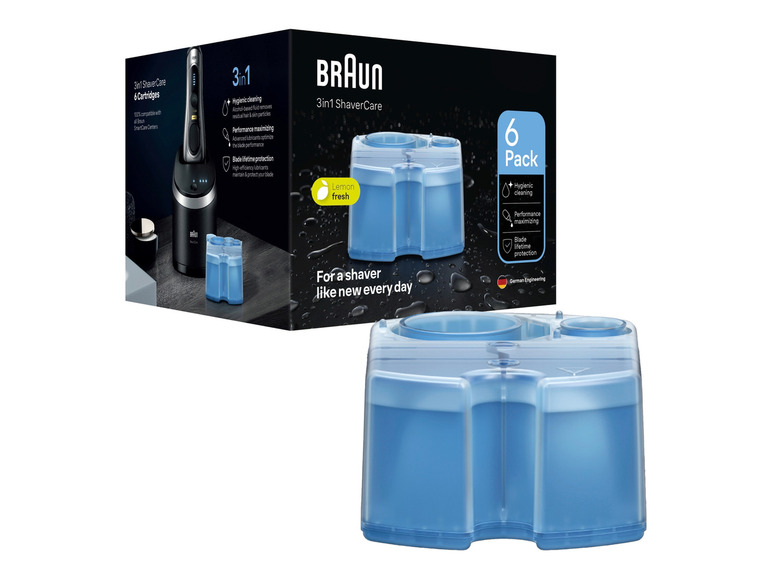 6 Braun 3-in-1 Rasierer-Patronen für hygienische Reinigung, optimierte Leistung und Klingenpflege.