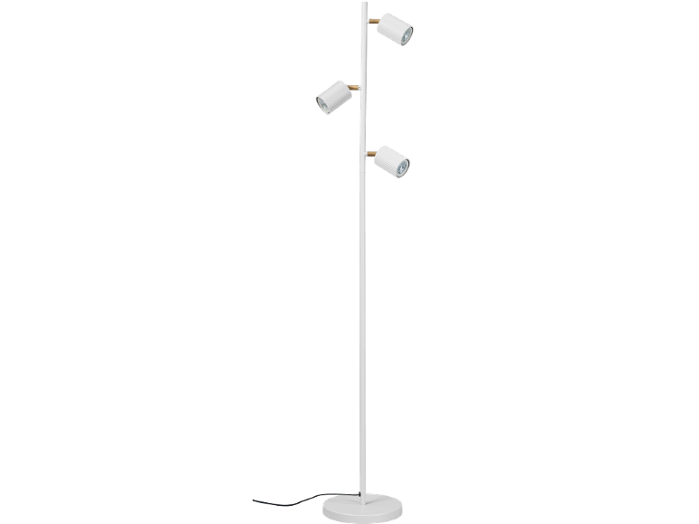 Weiße Stehlampe mit drei verstellbaren Strahlern und rundem Sockel.