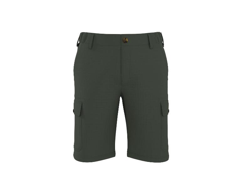 Dunkelgrüne Cargo-Shorts mit Seitentaschen und Holzknopf.