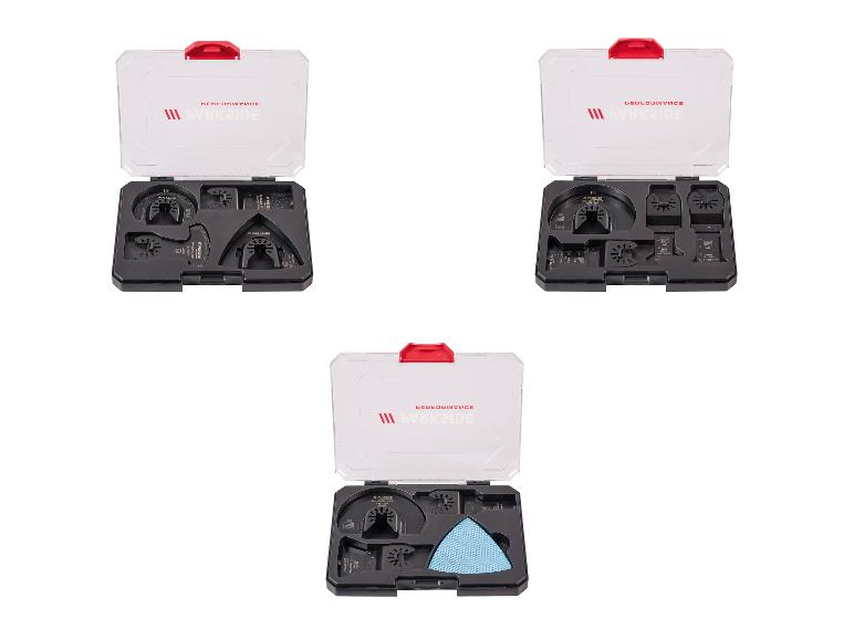 Drei Parkside Oszillierwerkzeug-Zubehörsets in transparenten Gehäusen.