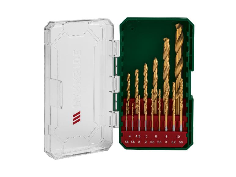 Set goldener Bohrer in grüner und transparenter Box mit Größen von 1,5 bis 10 mm.