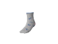 Graue Socken mit blauen und rosa Zeichentrickfiguren.