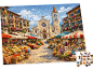 Puzzle mit der Illustration eines belebten italienischen Marktes vor einer Kathedrale.