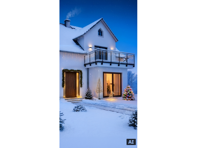 Haus im Winter mit Weihnachtsbeleuchtung, inklusive Lichterketten, Weihnachtsbäumen und einem leuchtenden Hirsch.