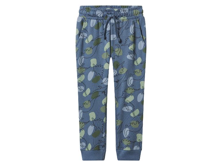 Blaue Kinder-Jogginghose mit Dinosaurier-Muster und Kordelzug.
