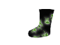 Schwarze Socke mit im Dunkeln leuchtenden grünen Alien-Designs.